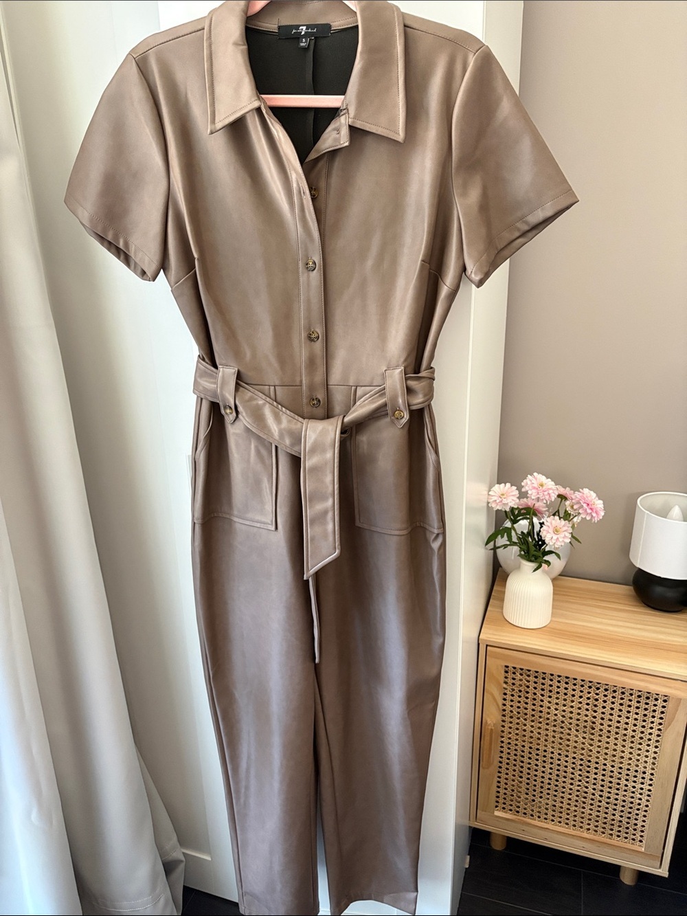 7 For All Mankind Taupe Faux Leather Short-Sleeve Jumpsuit with Belt